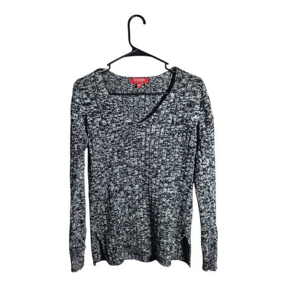 GUESS Women’s Medium Black White Marled Knit V-Neck Long Sleeve Sweater - Picture 1 of 3